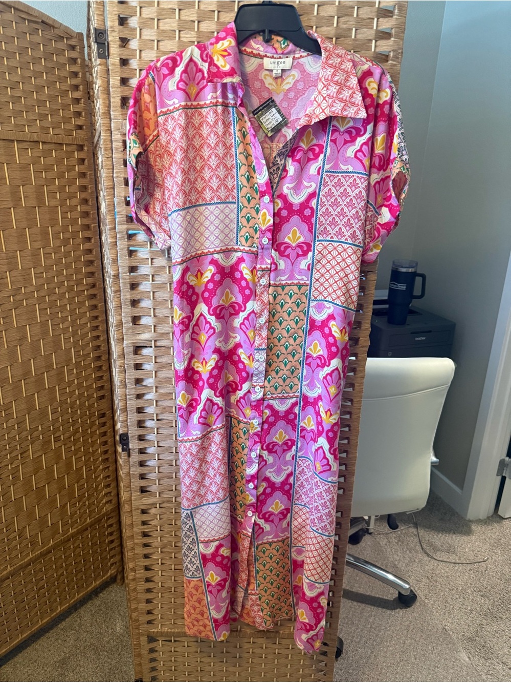 Bright Pink Patchwork Button-Down Midi Dress